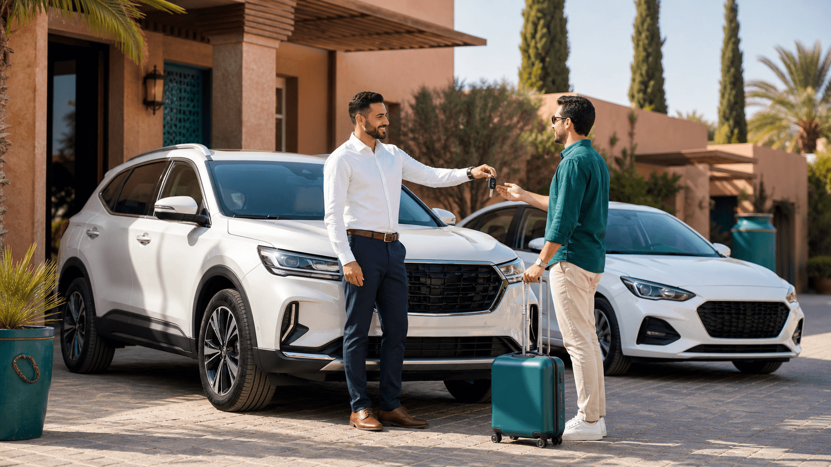 Car rental handover with SUV and sedan options in Moroccan courtyard
